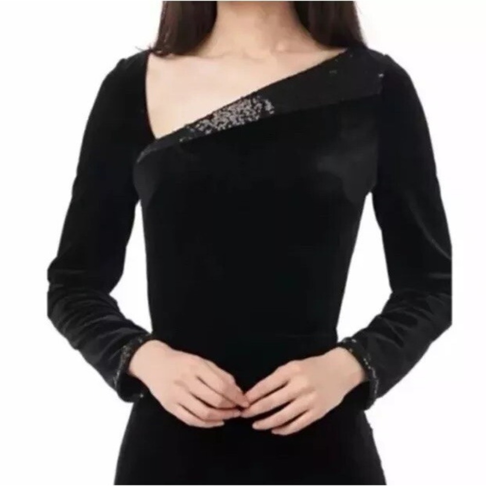 Love Theia Black Velvet Mini Dress Open Back Sequin Long Sleeve Size 8 NWT $250
